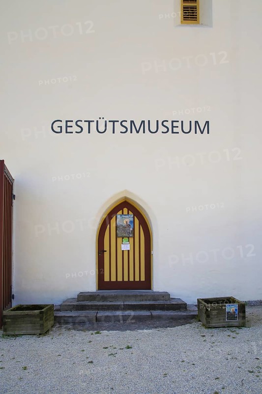 Stud museum at the Lauterquelle, door, stairs, excursion destinations, Offenhausen, municipality of Gomadingen, Swabian Alb, Baden-Württemberg, Germany