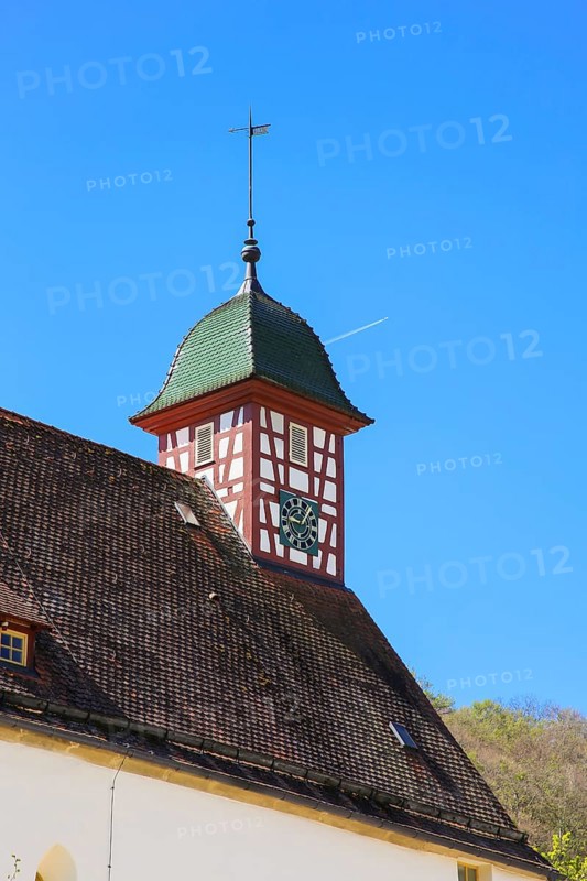 Stud museum at the Lauterquelle, building, architecture, excursion destinations, small tower, half-timbered, clock, roof, roof shingles, Offenhausen, municipality of Gomadingen, Swabian Alb, Baden-Württemberg, Germany