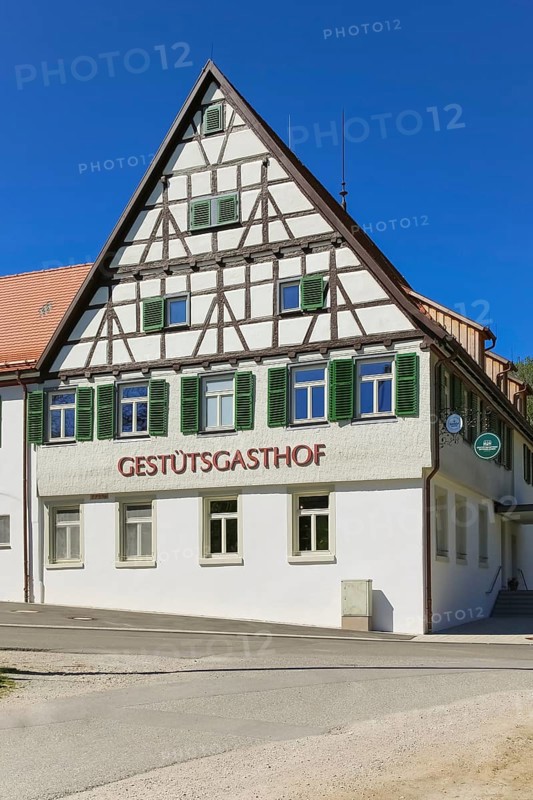 Gestütsgasthof near the stud farm and the Lauterquelle, catering, restaurant, building, half-timbered, lettering, green shutters, Offenhausen, municipality of Gomadingen, Swabian Alb, Baden-Württemberg, Germany