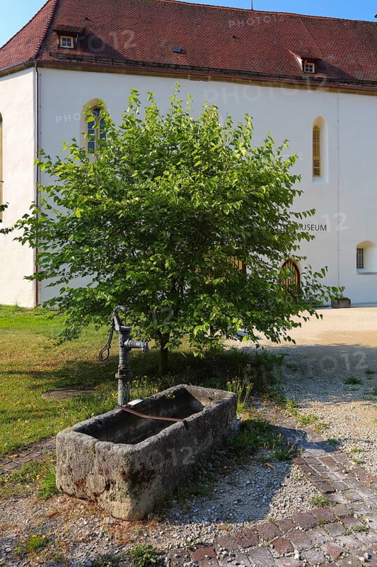 Fountain, stone basin with hand pump, water dispenser, behind the stud museum at the Lauterquelle, municipality of Gomadingen, Swabian Alb, Baden-Württemberg, Germany