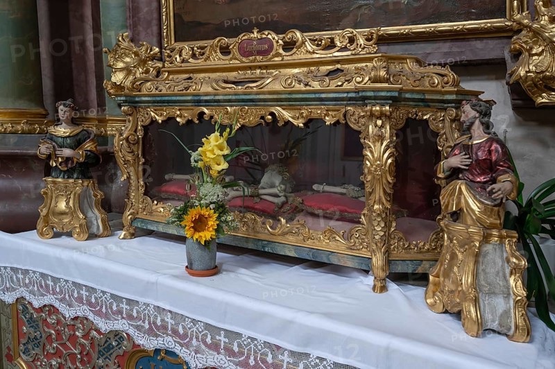 Reliquary sarcophagus of St Lucianus, catacomb saint, Abbey Church of the Assumption of the Virgin Mary, Rohr, Lower Bavaria, Germany