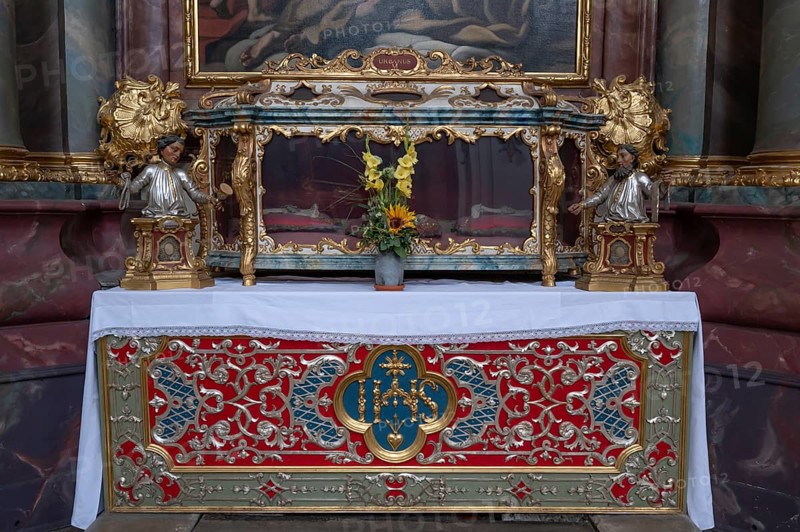 Reliquary sarcophagus of St Urbanus, catacomb shrine, Abbey Church of the Assumption of the Virgin Mary, Rohr, Lower Bavaria, Germany