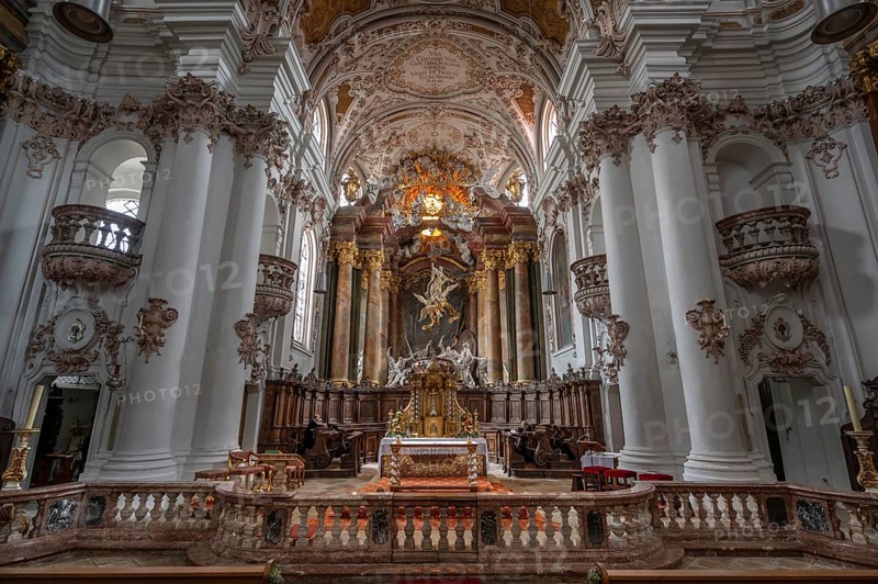 Chancel with the Assumption of the Virgin Mary with twelve apostles, a work created by Egid Quirin Asam between 1717 and 1723, Abbey Church of the Assumption of the Virgin Mary, Rohr, Lower Bavaria, Germany