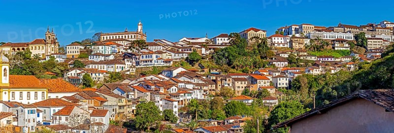 Panoramic view of the historic city of Ouro Preto with its houses and churches, Ouro Preto, Minas Gerais, Brazil