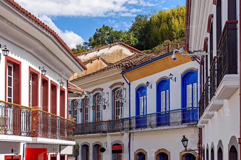 Old colonial houses and their balconies in the historic city of Ouro Preto in Minas Gerais, Ouro Preto, Minas Gerais, Brazil