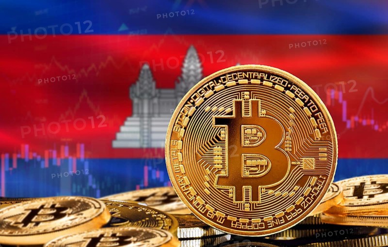 Investors in cryptocurrency and Blockchain Technology in Cambodia, Concept. Bitcoin with Cambodia flag in the background