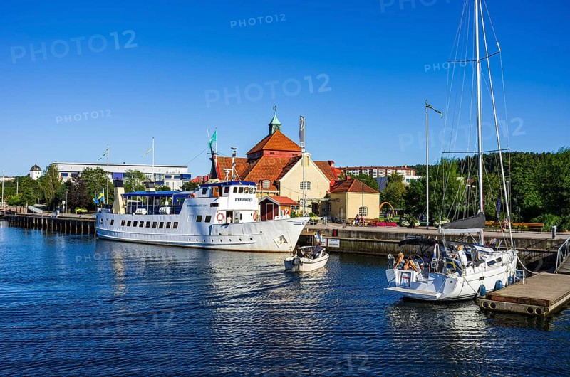 Archipelago boat MS BYFJORDEN and picturesque maritime flair in the guest harbour of Uddevalla, Bohuslän, Västra Götalands län, Sweden, for editorial use only
