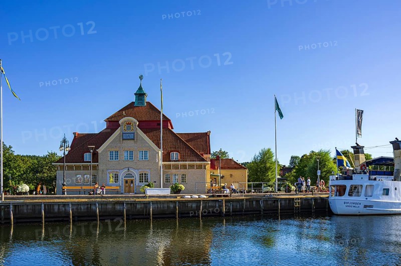 Historic building, headquarters of the harbour master's office and the archipelago boat fleet in the guest harbour of Uddevalla, Bohuslän, Västra Götalands län, Sweden