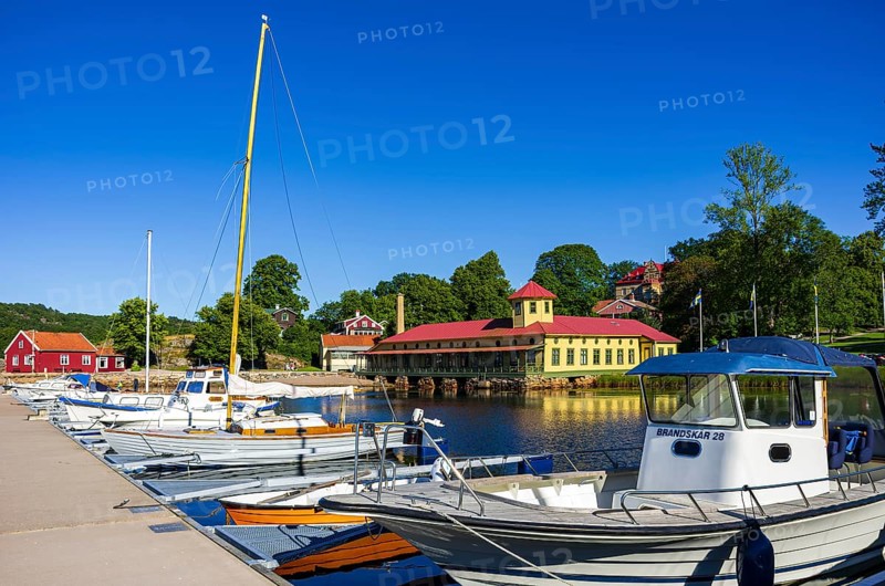 Marina of Gustafsberg, a historic spa and bathing resort on the Byfjord in Uddevalla, Bohuslän, Västra Götalands län, Sweden