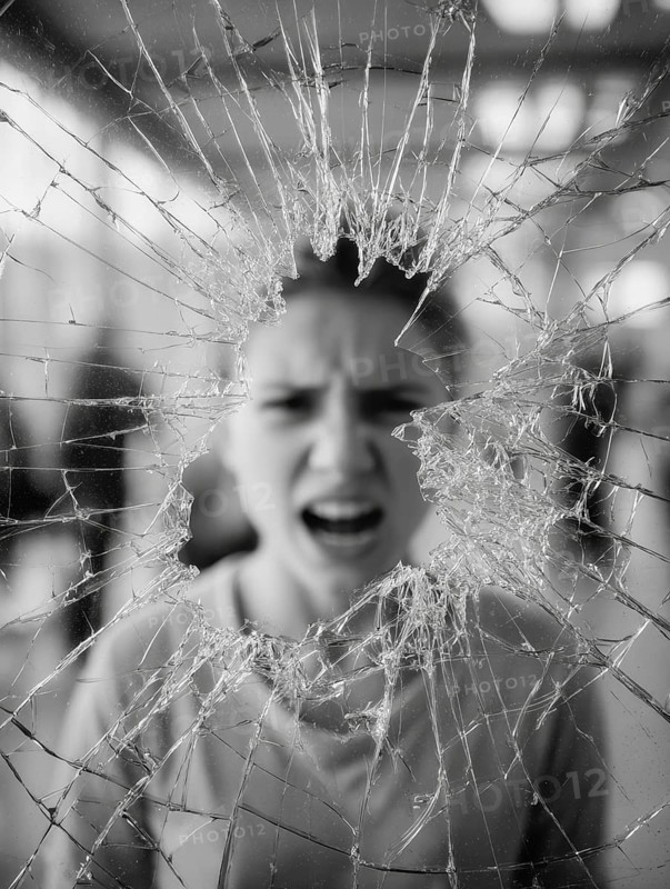 Ein Teenager schreit wütend durch eine kaputte Fensterscheibe, Aggressives Verhalten, Psychologie, Stressverhalten, Pubertät, Sozialverhalten, KI generiert
