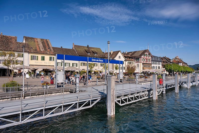 Jetty and promenade on the banks of the Rhine, Stein am Rhein, Canton Schaffhausen, Switzerland