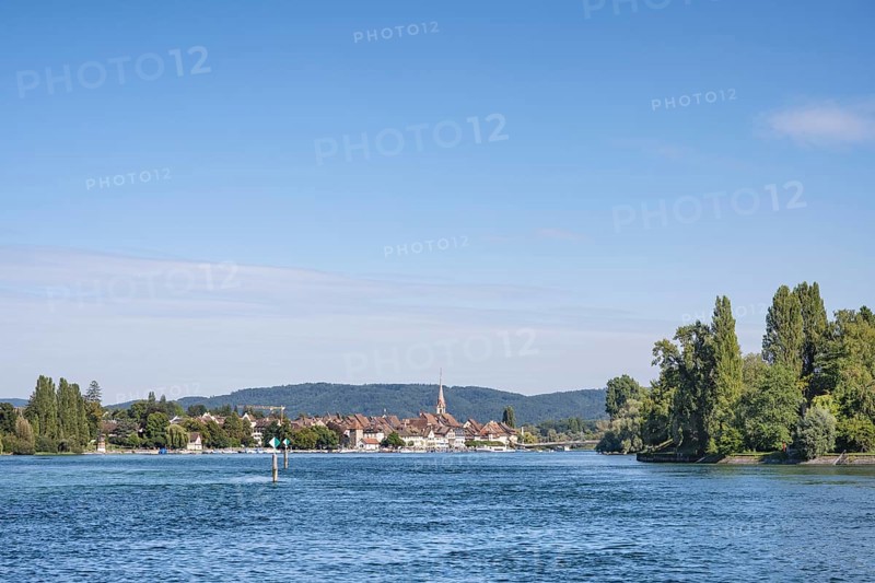 View over the Rhine, Hochrhein, on the horizon the town of Stein am Rhein, Canton Schaffhausen, Switzerland