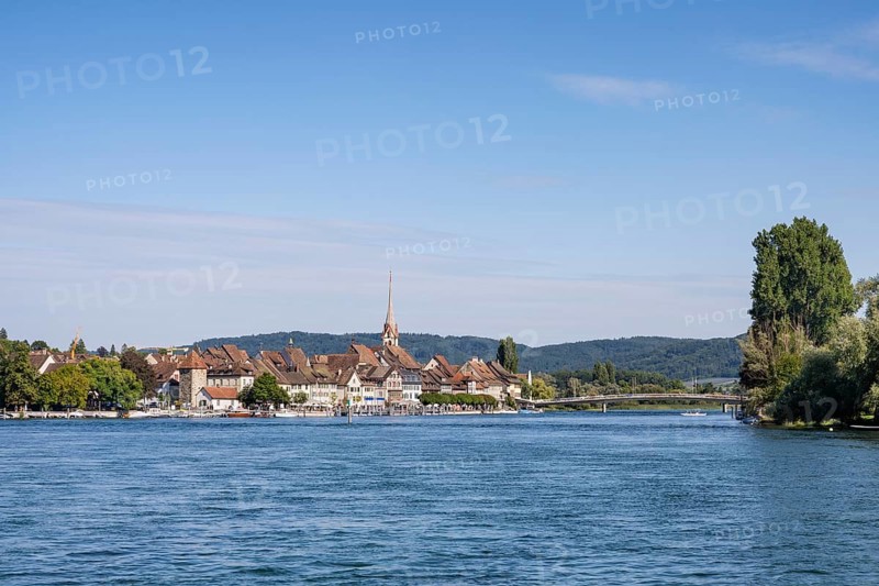 View over the Rhine, High Rhine with the town of Stein am Rhein, Canton Schaffhausen, Switzerland