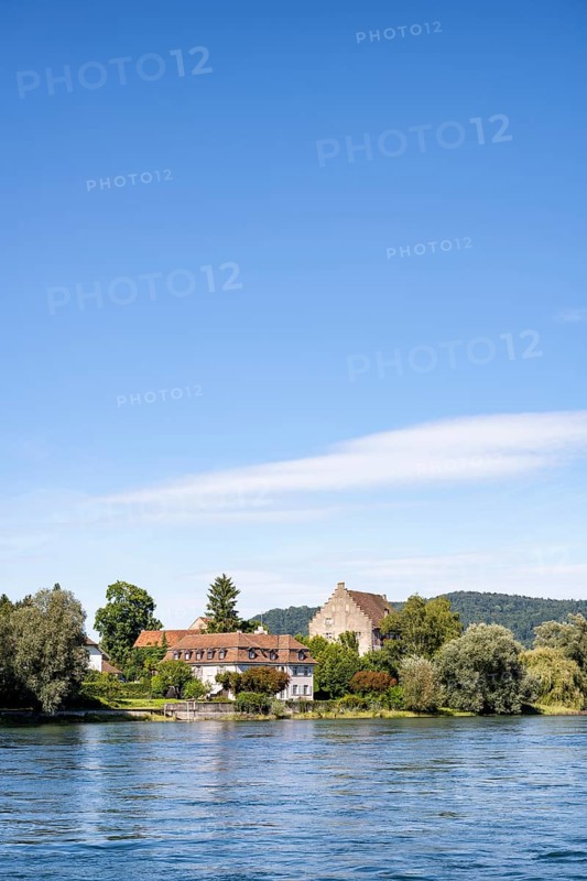 View over the Rhine, Hochrhein to the historic Bibermühle mill near Rheinklingen, Canton Thurgau, Switzerland