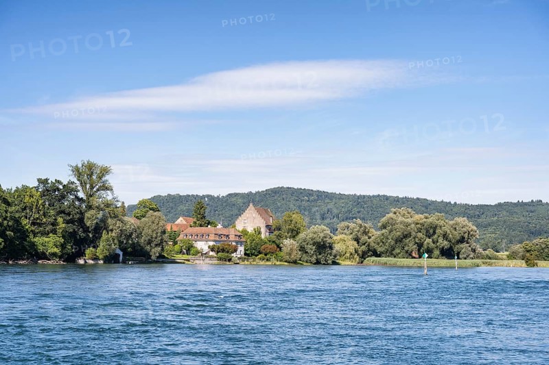 View over the Rhine, Hochrhein to the historic Bibermühle mill near Rheinklingen, Canton Thurgau, Switzerland