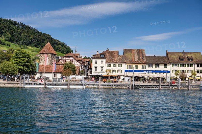 View across the Rhine to the old town of Stein am Rhein with the jetty, Canton Schaffhausen, Switzerland