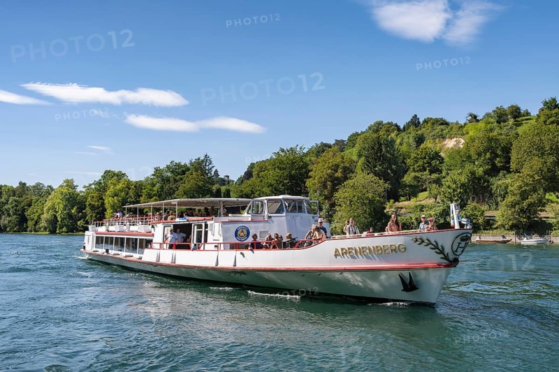Excursion ship, passenger ship, excursion boat MS Arenenberg of the Swiss Shipping Company Untersee and Rhine shortly in front of docking on the banks of the Rhine at Diessenhofen, Canton Thurgau, Switzerland