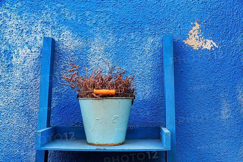 Typical blue façade detail, flower pot, bucket on wooden shelf, peeling paint, Burano, Italy