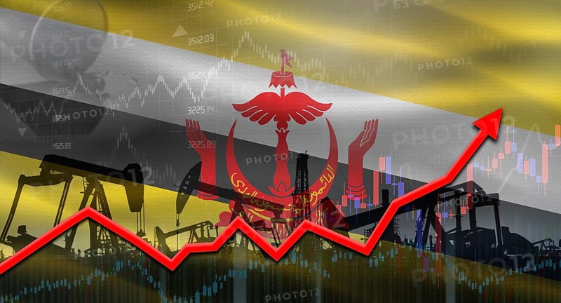 Oil pumps with Brunei flag. Oil production with Brunei flag, petrol industry