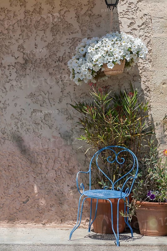 A blue metal chair stands next to potted plants in front of a sand-coloured wall with Mediterranean-style flowers, Aurel, Département Vaucluse, Region Provence-Alpes-Côte d'Azur, South of France, France