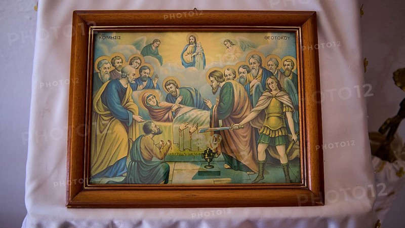 Biblical icon in a wooden frame shows a religious scene with disciples and saints, hand separation, Dormition of the Virgin Mary, Panagia tou Paleokastro, Church of the Old Fortress, Chapel, Panagia Kasteli, Lepides, Leros, Dodecanese, Greek Islands, Greece