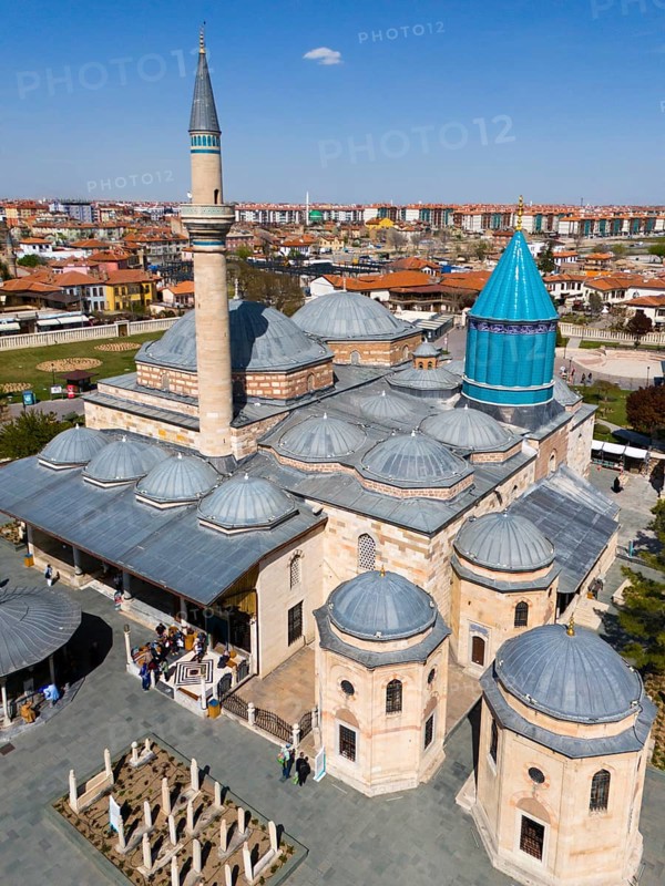 Detailed mosque with decorated dome and minaret in the background of the city view, aerial view, Mevlânâ Museum, Mevlana, landmark, mausoleum of Mevlânâ Dschalal ad-Din Rumi, Konya, Central Anatolia, Turkey