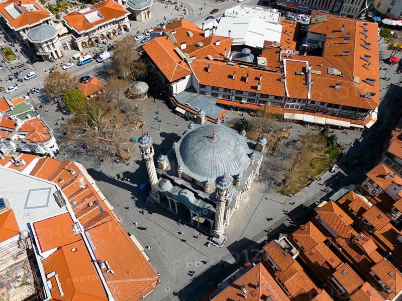 Centrally located mosque with red roofs, lively cityscape from a bird's eye view, aerial view, Aziziye Camii, Konya, Central Anatolia, Turkey