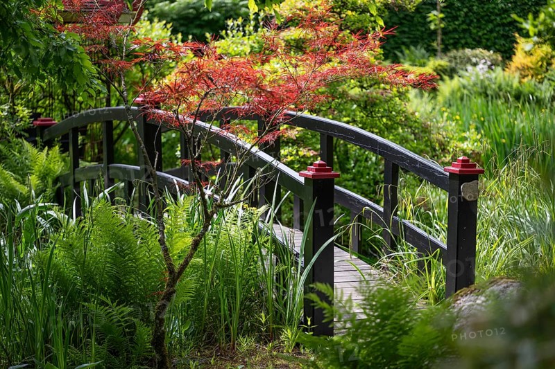 Black wooden bridge in Japanese style, Tambours Have or Tambours Garden, near Varde, Denmark