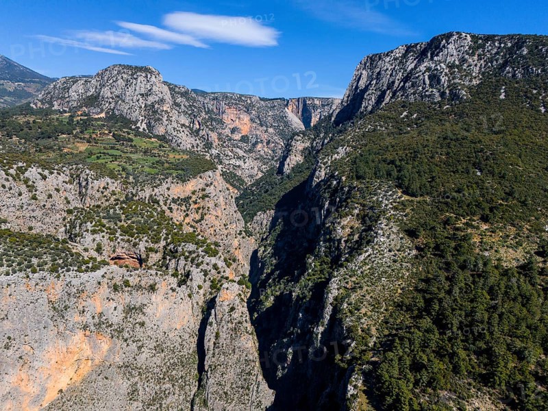 View of an extensive canyon landscape with rugged rocks and lush greenery, aerial view, Saklikent Gorge, Saklikent, Saklikent National Park, Antalya Province, Turkey