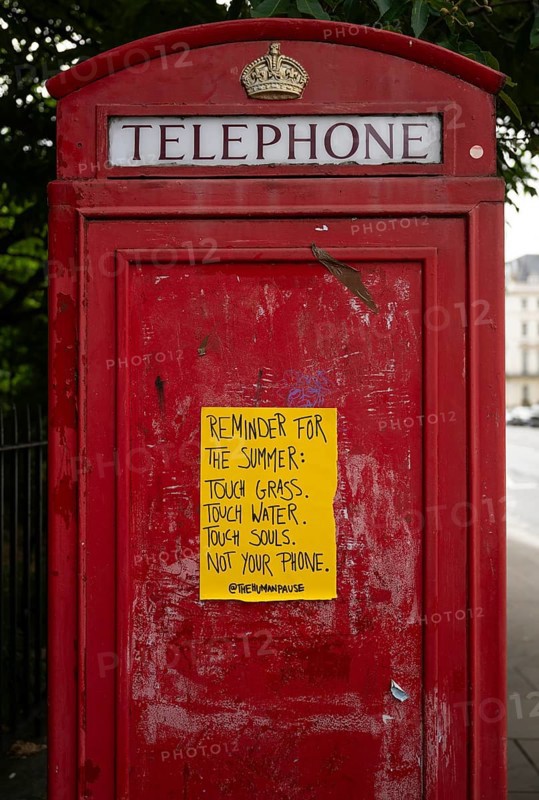 Red London telephone box with yellow poster, Kensington, London, England, Great Britain
