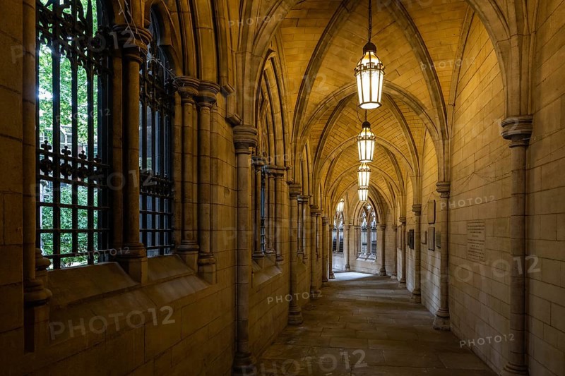 Illuminated neo-Gothic archway, St Mary Abbot Church, Kensington, London, England, Great Britain