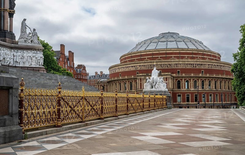 Albert Memorial and Royal Albert Hall concert hall, architects Captain Francis Fowke and Major-General Henry Y. D. Scott, Kensington, London, England, Great Britain