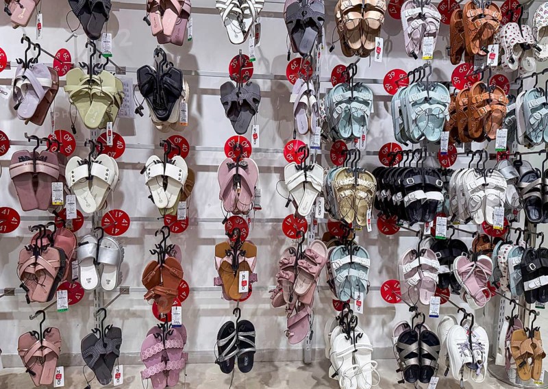 Sandals display at Zudio store in Guwahati, India, during a monsoon season sale on August 1, 2025