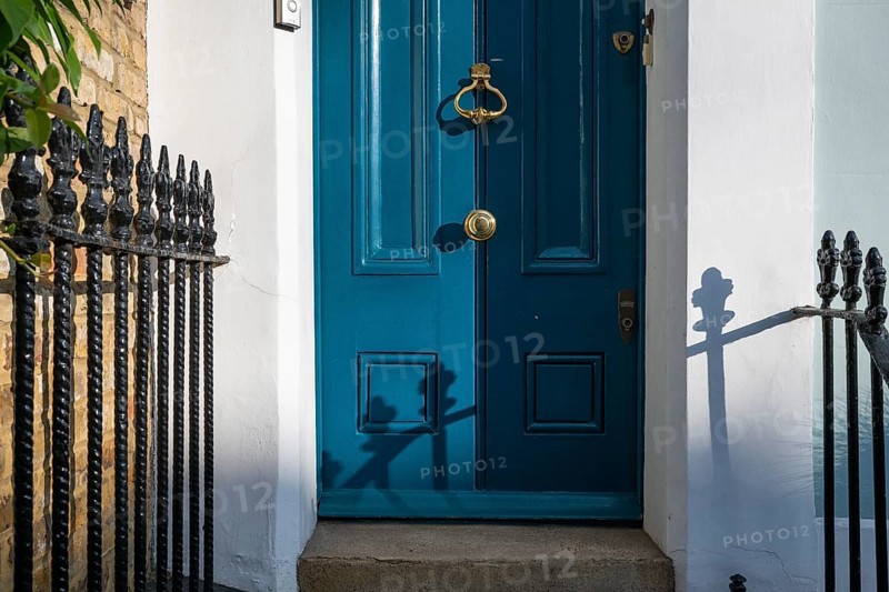 Blue door with brass-coloured door handle and wrought-iron grille in the sunlight, Kensington, London, England, Great Britain