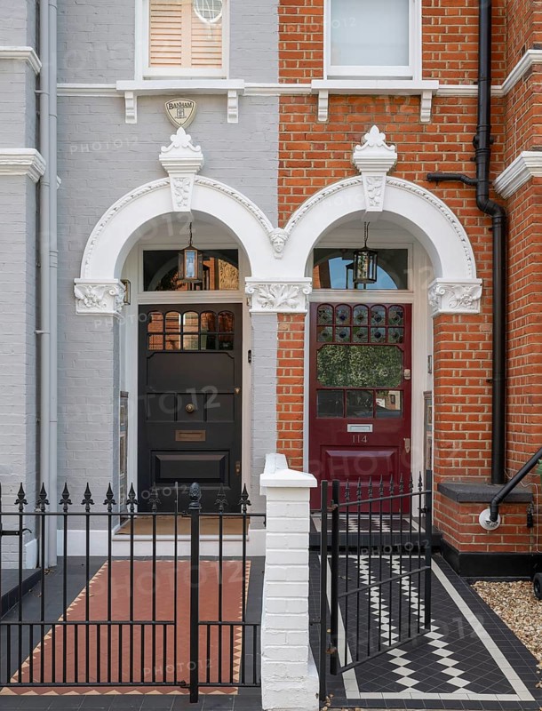 Victorian entrances, black and burgundy doors, black and white tile pattern, Kensington, London, England, Great Britain