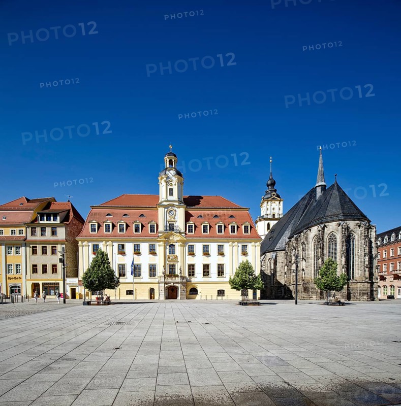 Baroque town hall, Protestant late Gothic St. Mary's Church, town church, and Mohren Pharmacy, market square, Weißenfels, Saxony-Anhalt, Germany