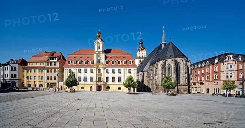 Baroque town hall, Protestant late Gothic St. Mary's Church, town church, and Mohren Pharmacy, market square, Weißenfels, Saxony-Anhalt, Germany