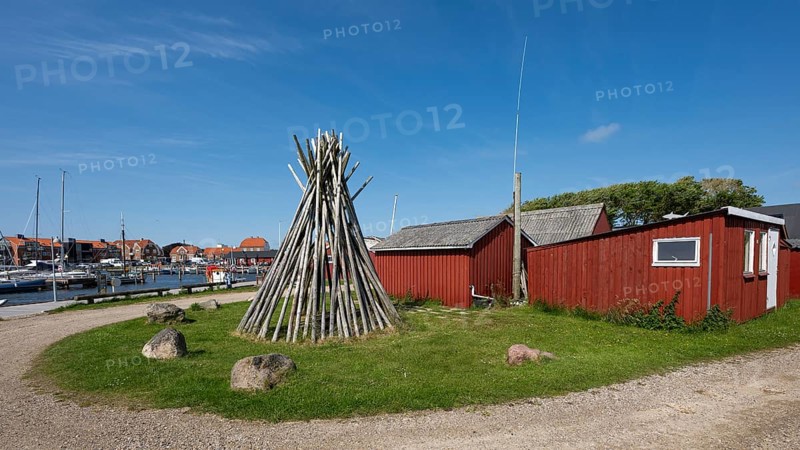 Shed, harbour with boats and red houses, Ringkøbing, Ringkøbing Fjord, Denmark