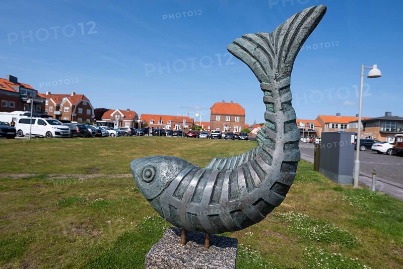Fish statue on a lawn surrounded by red residential buildings, Ringkøbing, Ringkøbing Fjord, Denmark