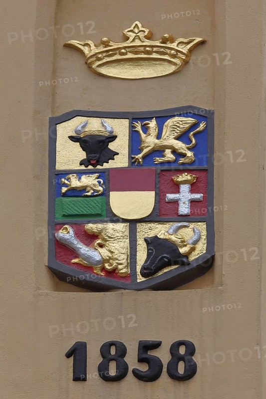 Coat of arms with date on the World Heritage House, built in 1858, former main guard, crown, detail, Wismar, Mecklenburg-Western Pomerania, Germany