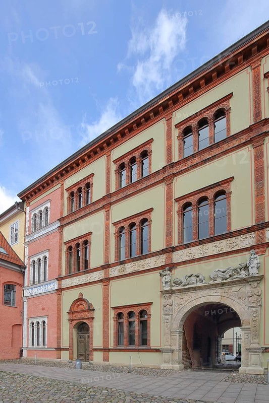 Historic district court with archway, portal, Wismar, Mecklenburg-Western Pomerania, Germany