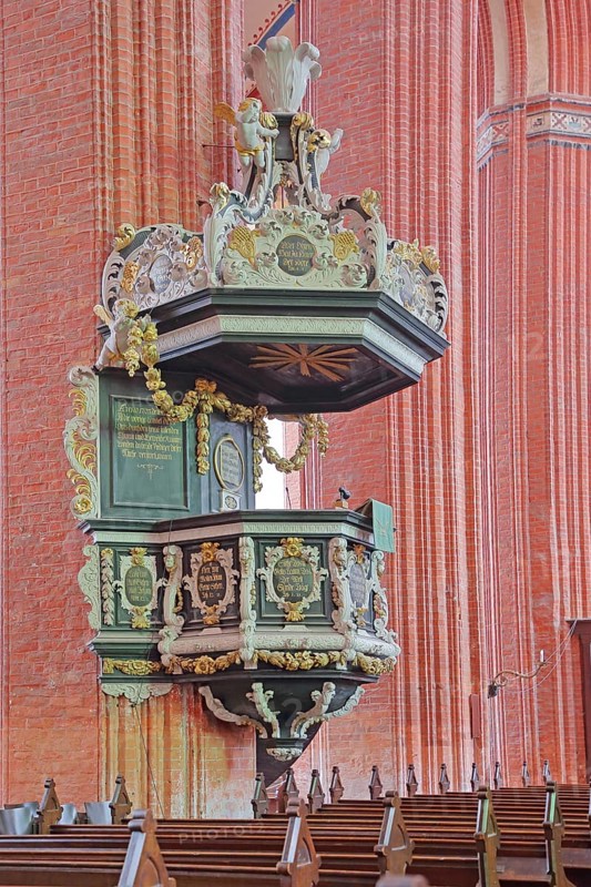 Pulpit with pulpit bonnet built in 1708, baroque, decorations, wood carvings, craftsmanship, art, pulpit lid, sounding board, pulpit canopy, brick gothic, brick church, UNESCO, St. Nikolai Church, Wismar, Mecklenburg-Western Pomerania, Germany