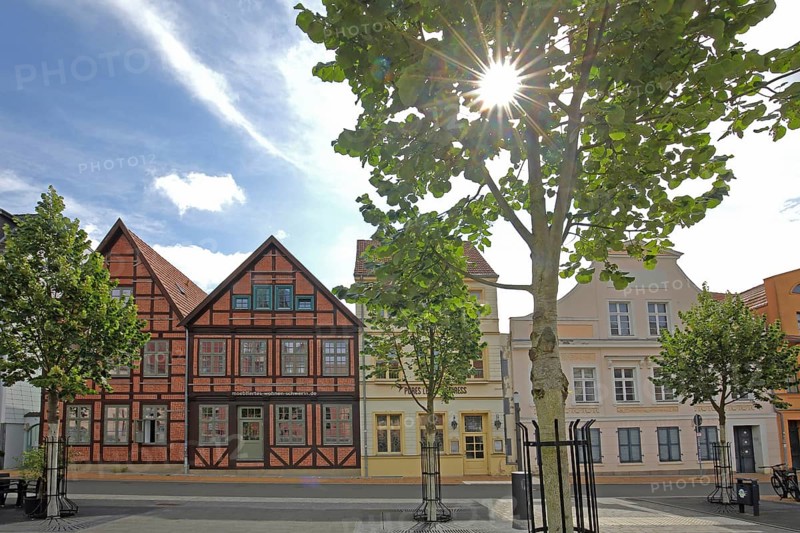 Backlit slaughterhouse market, brick buildings, houses, Schwerin, Mecklenburg-Western Pomerania, Germany