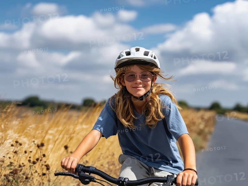 A girl with a bicycle helmet rides a bicycle and smiles friendly into the camera, AI generated, AI generated