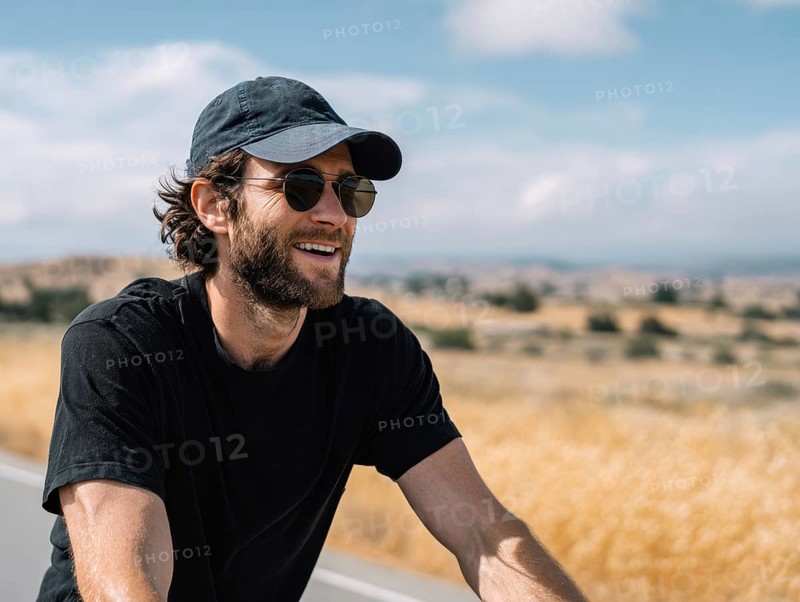 A man rides a bicycle and smiles in a friendly manner, AI generated, AI generated