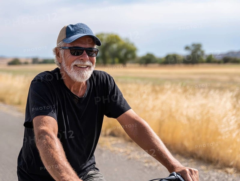 A man, senior citizen rides a bicycle and smiles friendly into the camera, AI generated, AI generated