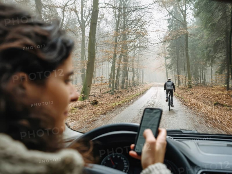 A car driver looks at her smartphone while driving and puts herself and the cyclist in front in danger. Carelessness, recklessness, distraction in road traffic, accident risk, AI generated, AI generated