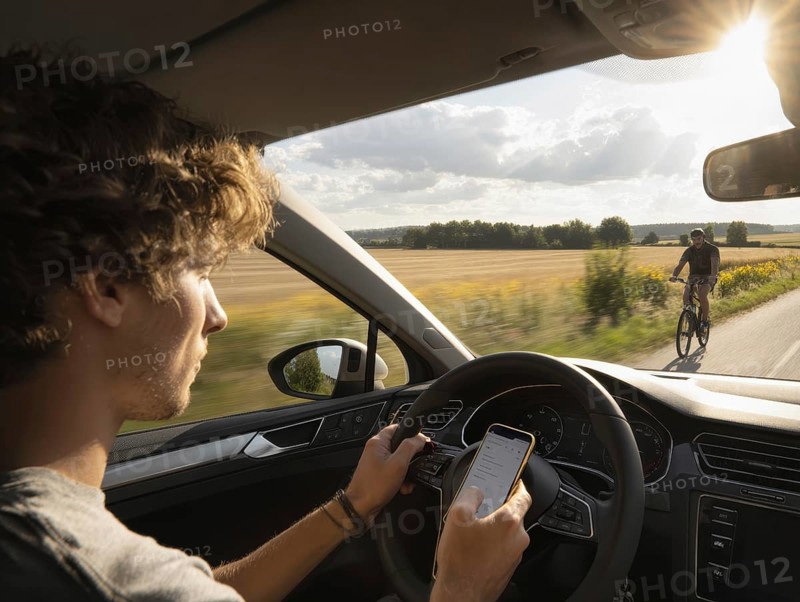 A car driver is dazzled by the sun and looks at his smartphone while driving, putting himself, the cyclist in front and oncoming traffic in danger. Carelessness, recklessness, distraction in road traffic, accident risk, AI generated, AI generated