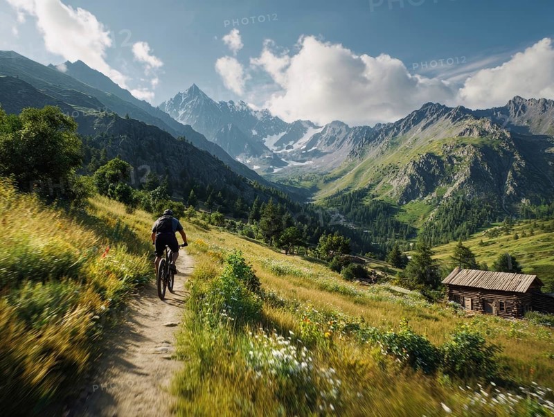 A single mountain biker quickly rides a trail in the high mountains, motion blur, AI generated, AI generated