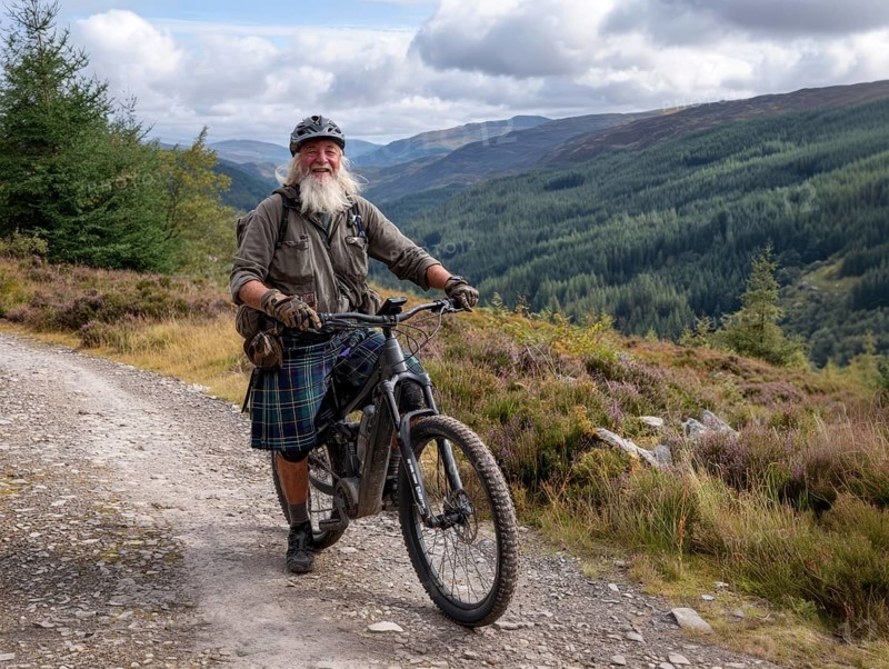 A senior, Highlander with a Scottish kilt sits on a mountain bike, e-bike, pedelec, AI generated, AI generated